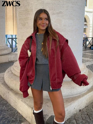 Wine Red Zipper Leather Jacket Women Casual Long Sleeve Lapel Cropped Coat 2024 Autumn New Lady Vintage Fashion Tops Outerwear