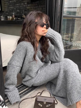 Französisch Stil Pullover Rock Set für Frauen Zwei Stück Set Herbst und Winter V-ausschnitt Pullover Gestrickte Top Halb Rock Casual Anzug neue
