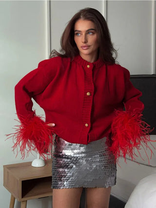 Rote Patchwork Feder Langarm gestrickte Strickjacke Frauen Mode o Hals schlanke dicke Wisch pullover weibliche Pendeln elegante Outfits
