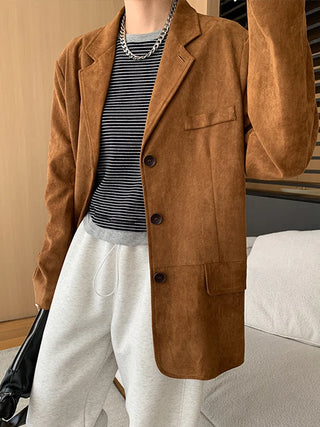 Casual Suede Leather Women's Coat Brown Loose Lapel Single Breasted Pockets Long Sleeve Jacket 2024 Autumn Female Street Outwear