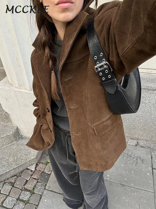 Casual Suede Leather Women's Coat Brown Loose Lapel Single Breasted Pockets Long Sleeve Jacket 2024 Autumn Female Street Outwear