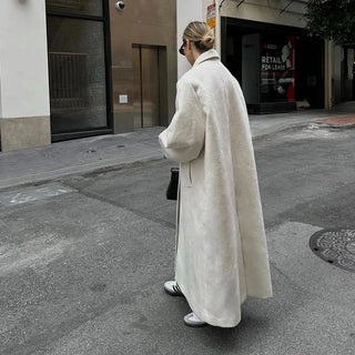 Weiße lose Woll-Damenmäntel, Retro-Zweireiher, Stehkragen, lange Ärmel, Jacke, 2024, Herbst-Winter, Büro-Dame-Oberbekleidung