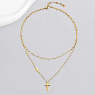 Double Layer Stainless Steel Gold Color Cross Pendant Necklace For Women Girls New Trend Neck Chain Rustproof Jewelry Party Gift
