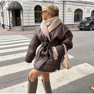 Winter dicke Plüsch Lederjacken Frauen Büro einreihigen Turn-Down-Kragen übergroßen Mantel weibliche Langarm Mantel Tops
