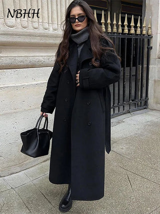 Solide Revers Spitze Up Frauen Windschutz Zweireiher Volle Hülse Weiblichen Mantel 2024 Elegante Gürtel Herbst Winter Tasche Maxi Outwear