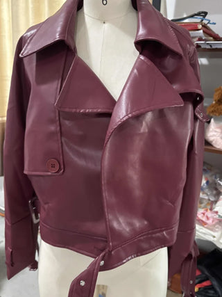 Elegant Women Long Sleeve Leather Jacket Vintage Turn-down Collar Female Short Coat Autumn New Ladies Locomotive Tops Outwear