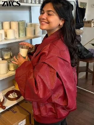 Wine Red Zipper Leather Jacket Women Casual Long Sleeve Lapel Cropped Coat 2024 Autumn New Lady Vintage Fashion Tops Outerwear