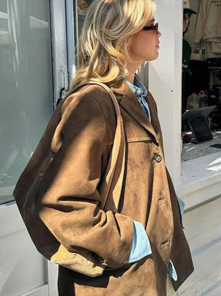 Casual Suede Leather Women's Coat Brown Loose Lapel Single Breasted Pockets Long Sleeve Jacket 2024 Autumn Female Street Outwear
