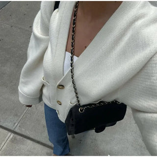 Elegante solide V-Ausschnitt Tasche Strickjacke Frauen lässig lange Ärmel einreihige lose Pullover 2024 neue Herbst Dame Streetwear