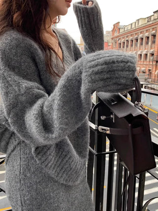 Französisch Stil Pullover Rock Set für Frauen Zwei Stück Set Herbst und Winter V-ausschnitt Pullover Gestrickte Top Halb Rock Casual Anzug neue