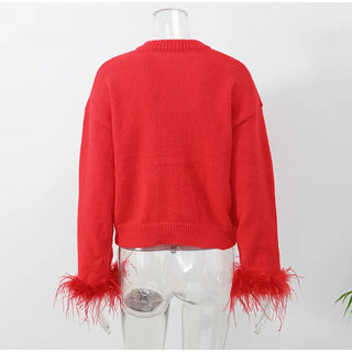 Rote Patchwork Feder Langarm gestrickte Strickjacke Frauen Mode o Hals schlanke dicke Wisch pullover weibliche Pendeln elegante Outfits