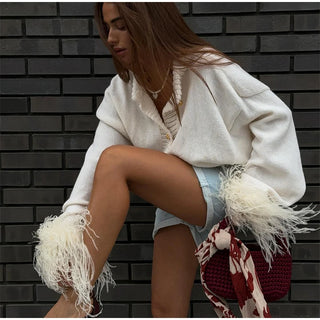 Feder gestrickte rote Strickjacke Frauen Mode einreihige lose O-Ausschnitt Langarm pullover Party Casual Club Chic Oberbekleidung