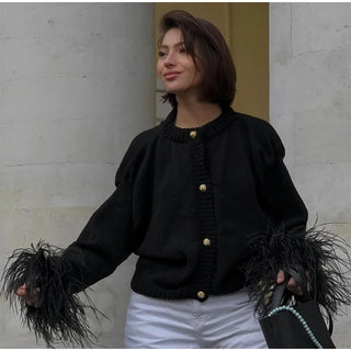Feder gestrickte rote Strickjacke Frauen Mode einreihige lose O-Ausschnitt Langarm pullover Party Casual Club Chic Oberbekleidung