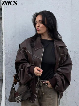 Wine Red Zipper Leather Jacket Women Casual Long Sleeve Lapel Cropped Coat 2024 Autumn New Lady Vintage Fashion Tops Outerwear