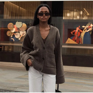 Elegante solide V-Ausschnitt Tasche Strickjacke Frauen lässig lange Ärmel einreihige lose Pullover 2024 neue Herbst Dame Streetwear