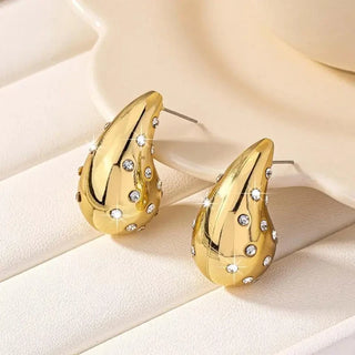 Vintage Gold Plated Chunky Dome Drop Earrings for Women Fashion Glossy Thick Rhinestone Inlaid Teardrop Earring