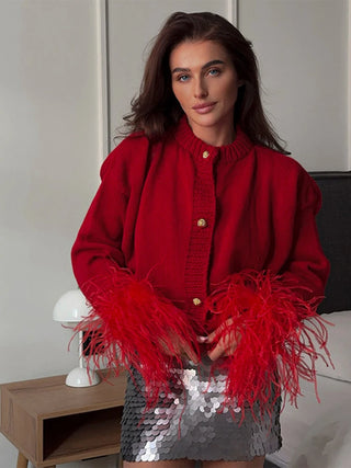 Feder gestrickte rote Strickjacke Frauen Mode einreihige lose O-Ausschnitt Langarm pullover Party Casual Club Chic Oberbekleidung