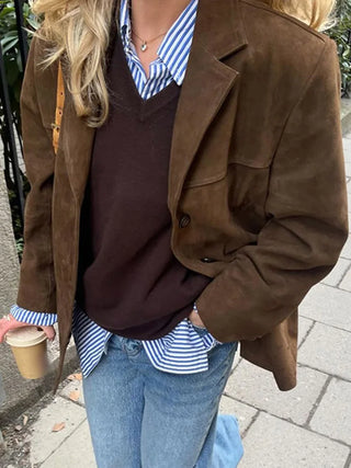 Casual Suede Leather Women's Coat Brown Loose Lapel Single Breasted Pockets Long Sleeve Jacket 2024 Autumn Female Street Outwear