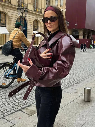 Elegant Women Long Sleeve Leather Jacket Vintage Turn-down Collar Female Short Coat Autumn New Ladies Locomotive Tops Outwear