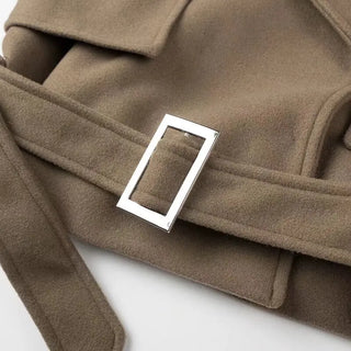 2024 Spring Notched Collar Safari Woolen Coat Retro Women Buckle Belt Hem Loose Full Sleeve Jacket Short Outerwear