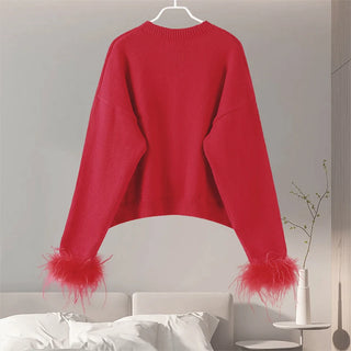 Feder gestrickte rote Strickjacke Frauen Mode einreihige lose O-Ausschnitt Langarm pullover Party Casual Club Chic Oberbekleidung