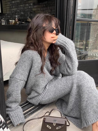 Französisch Stil Pullover Rock Set für Frauen Zwei Stück Set Herbst und Winter V-ausschnitt Pullover Gestrickte Top Halb Rock Casual Anzug neue