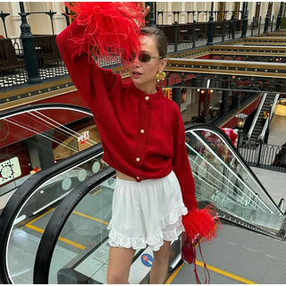 Rote Patchwork Feder Langarm gestrickte Strickjacke Frauen Mode o Hals schlanke dicke Wisch pullover weibliche Pendeln elegante Outfits
