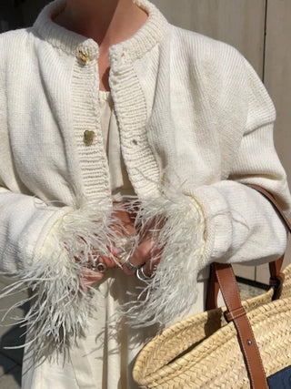 Feder gestrickte rote Strickjacke Frauen Mode einreihige lose O-Ausschnitt Langarm pullover Party Casual Club Chic Oberbekleidung