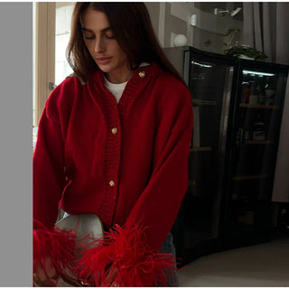 Rote Patchwork Feder Langarm gestrickte Strickjacke Frauen Mode o Hals schlanke dicke Wisch pullover weibliche Pendeln elegante Outfits