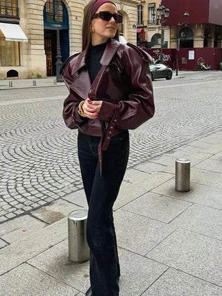 Elegant Women Long Sleeve Leather Jacket Vintage Turn-down Collar Female Short Coat Autumn New Ladies Locomotive Tops Outwear