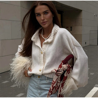 Feder gestrickte rote Strickjacke Frauen Mode einreihige lose O-Ausschnitt Langarm pullover Party Casual Club Chic Oberbekleidung