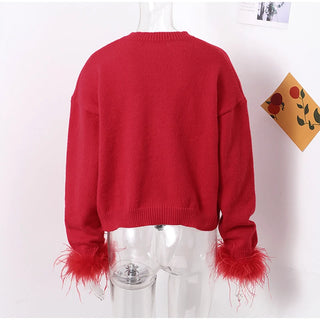 Feder gestrickte rote Strickjacke Frauen Mode einreihige lose O-Ausschnitt Langarm pullover Party Casual Club Chic Oberbekleidung