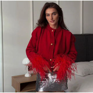 Feder gestrickte rote Strickjacke Frauen Mode einreihige lose O-Ausschnitt Langarm pullover Party Casual Club Chic Oberbekleidung