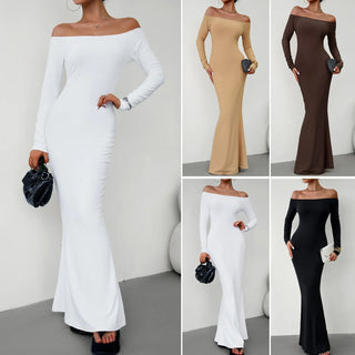 Slash Neck Long-sleeved Sexy Dress Solid Autumn Dress for Women Elegant Party Evening Dress Slim Long Dresses Casual Bodycone