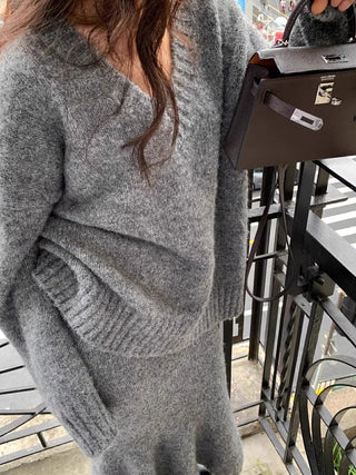 Französisch Stil Pullover Rock Set für Frauen Zwei Stück Set Herbst und Winter V-ausschnitt Pullover Gestrickte Top Halb Rock Casual Anzug neue