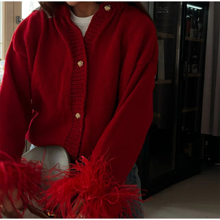 Feder gestrickte rote Strickjacke Frauen Mode einreihige lose O-Ausschnitt Langarm pullover Party Casual Club Chic Oberbekleidung
