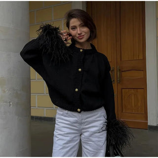 Feder gestrickte rote Strickjacke Frauen Mode einreihige lose O-Ausschnitt Langarm pullover Party Casual Club Chic Oberbekleidung