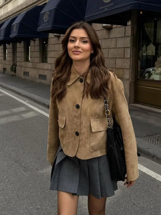 Vintage Suede Jacket Coat Turndown Collar Maillard Leather Short Coats Loose Casual Minimalism Commute Long Sleeve Women Clothes
