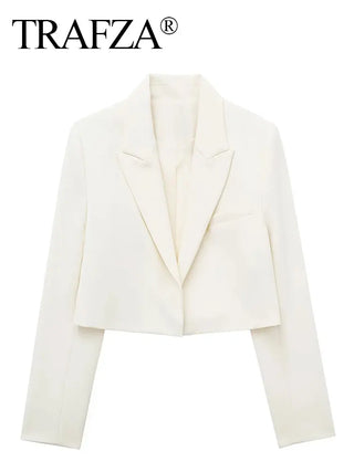 TRAFZA 2024 Women Elegant Solid Cropped Blazer Coat Long Sleeve Cardigan Jacket Fashion Female Casual Office Lady Blazers TRAF