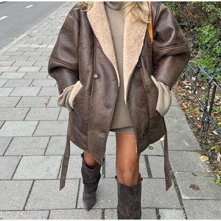 Winter dicke Plüsch Lederjacken Frauen Büro einreihigen Turn-Down-Kragen übergroßen Mantel weibliche Langarm Mantel Tops