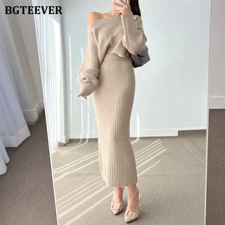 BGTEEVER Stylish Women 2 Pieces Knitted Skirt Set Long Sleeve Slash Neck Pullovers & High Waist Skinny Package Hip Sweater Skirt