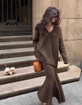 Französisch Stil Pullover Rock Set für Frauen Zwei Stück Set Herbst und Winter V-ausschnitt Pullover Gestrickte Top Halb Rock Casual Anzug neue