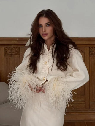Feder gestrickte rote Strickjacke Frauen Mode einreihige lose O-Ausschnitt Langarm pullover Party Casual Club Chic Oberbekleidung
