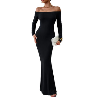 Slash Neck Long-sleeved Sexy Dress Solid Autumn Dress for Women Elegant Party Evening Dress Slim Long Dresses Casual Bodycone
