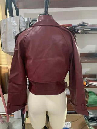 Elegant Women Long Sleeve Leather Jacket Vintage Turn-down Collar Female Short Coat Autumn New Ladies Locomotive Tops Outwear