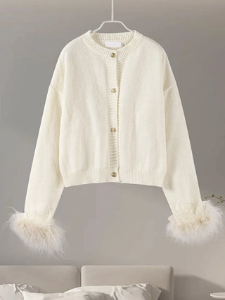 Feder gestrickte rote Strickjacke Frauen Mode einreihige lose O-Ausschnitt Langarm pullover Party Casual Club Chic Oberbekleidung
