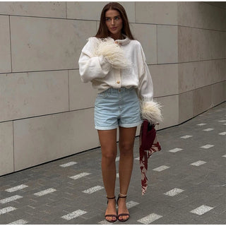 Feder gestrickte rote Strickjacke Frauen Mode einreihige lose O-Ausschnitt Langarm pullover Party Casual Club Chic Oberbekleidung