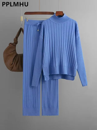 Women Half Turtleneck Long Sleeve Sweater Pullover Conjuntos Fall Winter Thick Knit 2 Piece Sets  High Waist Sweatpants Outfits