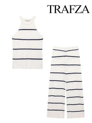 TRAFZA Summer Fashion Women Suit Stripe O-Neck Sleeveless Sweater Vest Tops+High Waist Elastic Waist Wide Leg Pants Female Sets