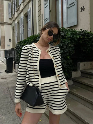 Knitted Cardigan Stripe Women's Suit Long Sleeve O Neck Single Breasted Casual Sweater 2024 Spring Lady Elastic Waist Shorts Set